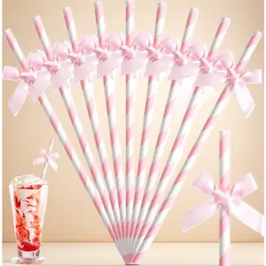 50 Pink Bow Paper Straws – Biodegradable Drinking Straws for Birthday, Bachelorette, Baby Shower, Wedding |     Pink & White Striped Party Supplies for Cake Decor