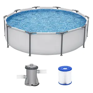 10' x 30" Above Ground Pool, Round Metal Frame Outdoor Swimming Pool Set with Filter Pump & Type I Cartridge, Gray