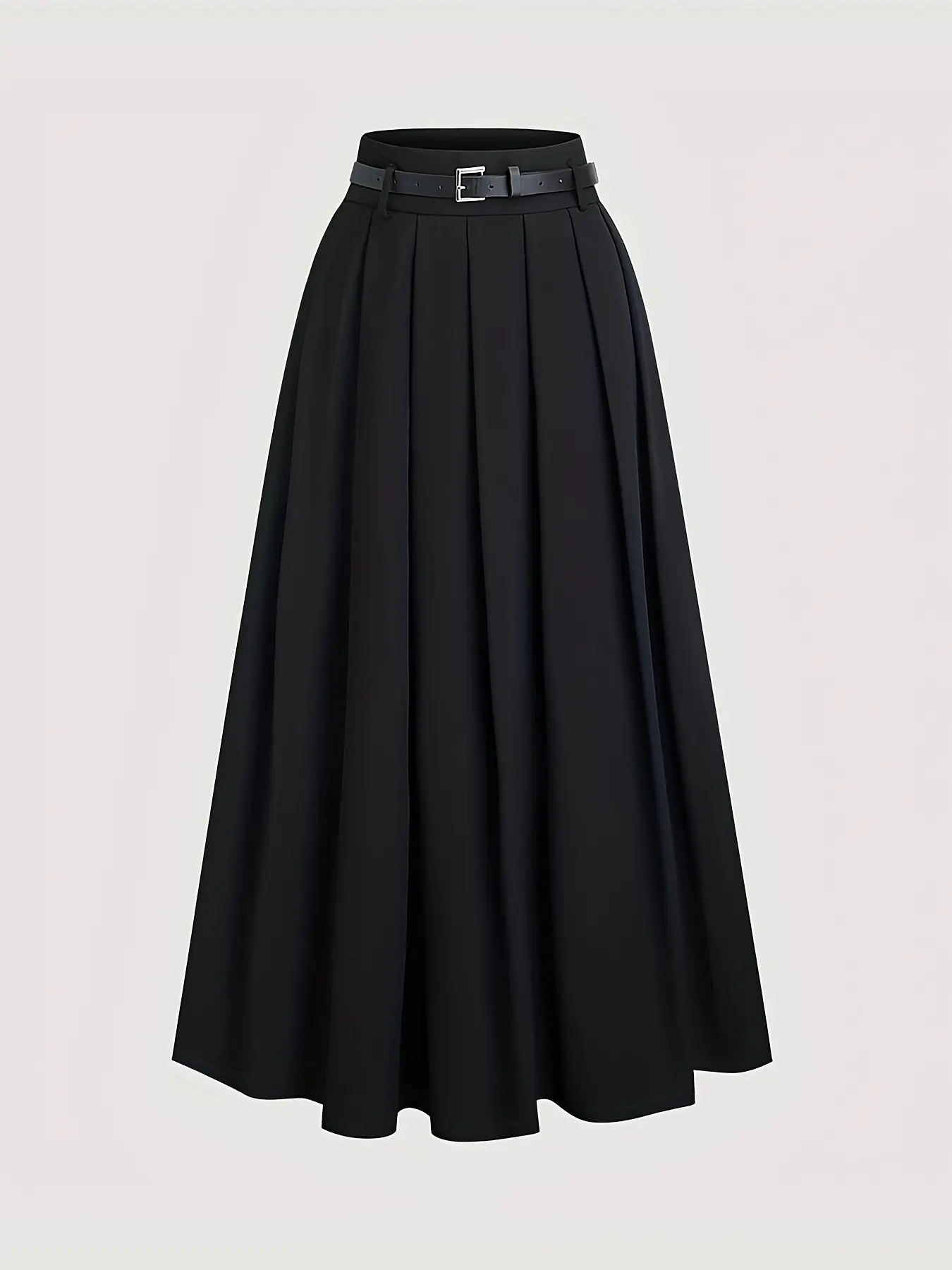 Women's Pleated Woven Loose Casual Fashionable Skirt, Basic Minimalist Solid Color Design, Suitable for Daily & Formal Wear, All Seasons, Includes Belt, Elegant Ladies' Bottoms, Womenswear