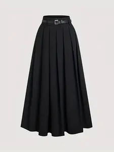 Women's Pleated Woven Skirt, Solid Color Design, Suitable for Daily & Formal Wear, All Seasons, Includes Belt, Elegant Ladies' Bottoms, Womenswear