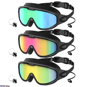 3 Pack Wide View Swim Goggles, Anti-Fog UV Protection Leak-Proof Swimming Glasses with Earbuds & Nose Clip for Pool & Beach