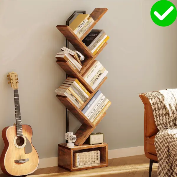 Tall Tree Bookcase with Cabinet - Space-Saving Corner Storage Shelf for Living Room & Bedroom