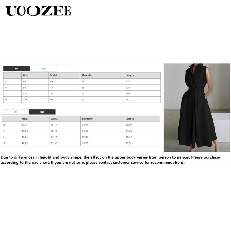UOOZEE Women's Sleeveless Solid Color Lapel Long Dresses Midi Dresses Long-sleeved Loose Solid Color Lapel Mid-length Dress with Small Waist and Bust, One Size Up Recommended for C - Cup and Above