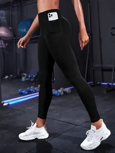 Women's High Waist Sporty Solid Color Tight Pants with Pockets, Breathable Fitness Leggings, Perfect for Yoga Pilates Daily Wear, Breathable Comfortable Fit