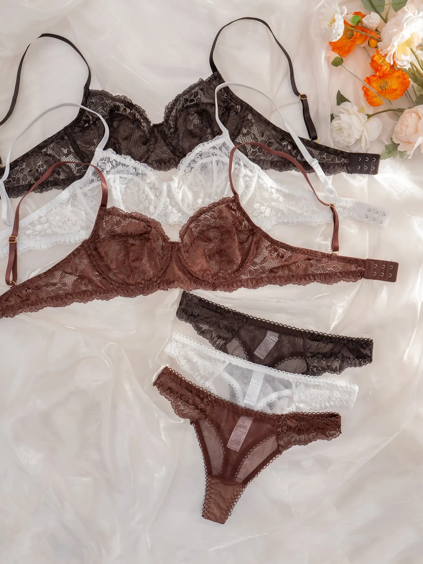 Women's Lace Steel Ring Thin Cup Comfortable Fit Underwear Set, 3 Pack Pure Color Lingerie, Soft and Breathable Bra Set