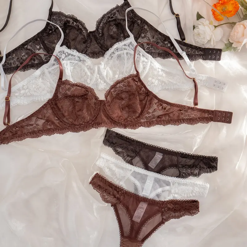 Women's Lace Steel Ring Thin Cup Comfortable Fit Elegant Underwear Set, 3 Pack Pure Color Lingerie, Soft and Breathable Bra Set