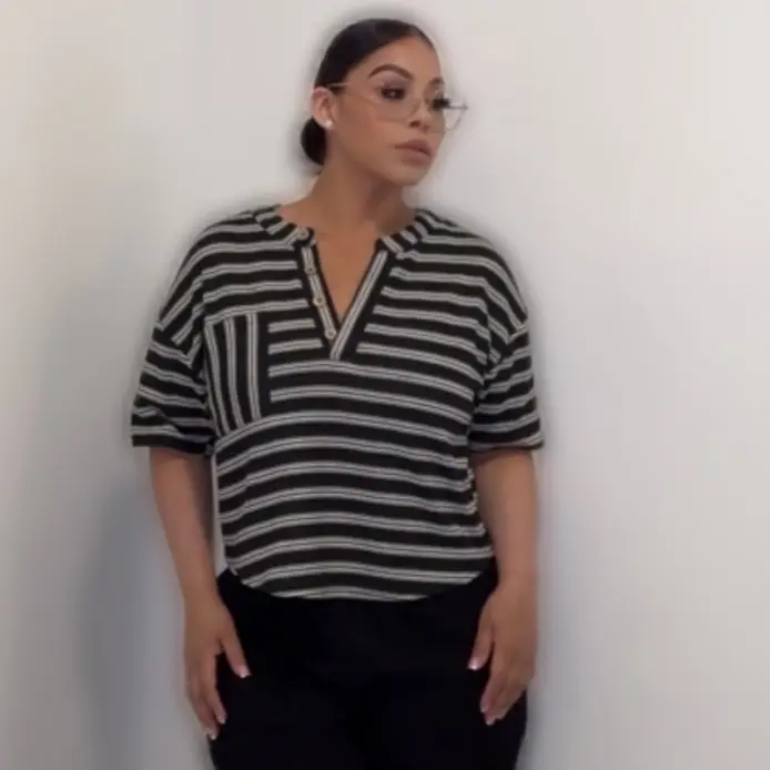 Striped V-Neck Top with Button Detail, Short Sleeves, and Crew Neck, Casual Style for Everyday Wear