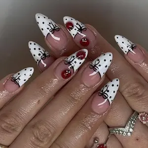 S188 Nailed by Vibe Ladybug Press-On Nails, 3D Red Ladybug, White & Black Polka Dot Design with Cute Bows, Handmade Nail Art, Gift for Her