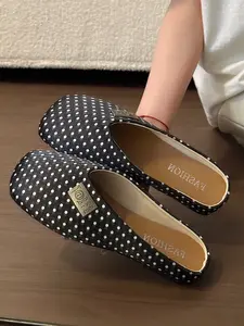 Women's Polka Dot Square Toe Mule Slippers, Vintage Satin Bow Half Slipper, Comfortable Casual Footwear for Daily Wear, Unique