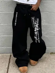 Japanese Cherry Blossom Samurai Sword Print Wide Leg Sweatpants, Street Style Loose Fit Sport Pants, Casual Fitted Winter Wear, Sports Casual Pants, Printed Sweatpants