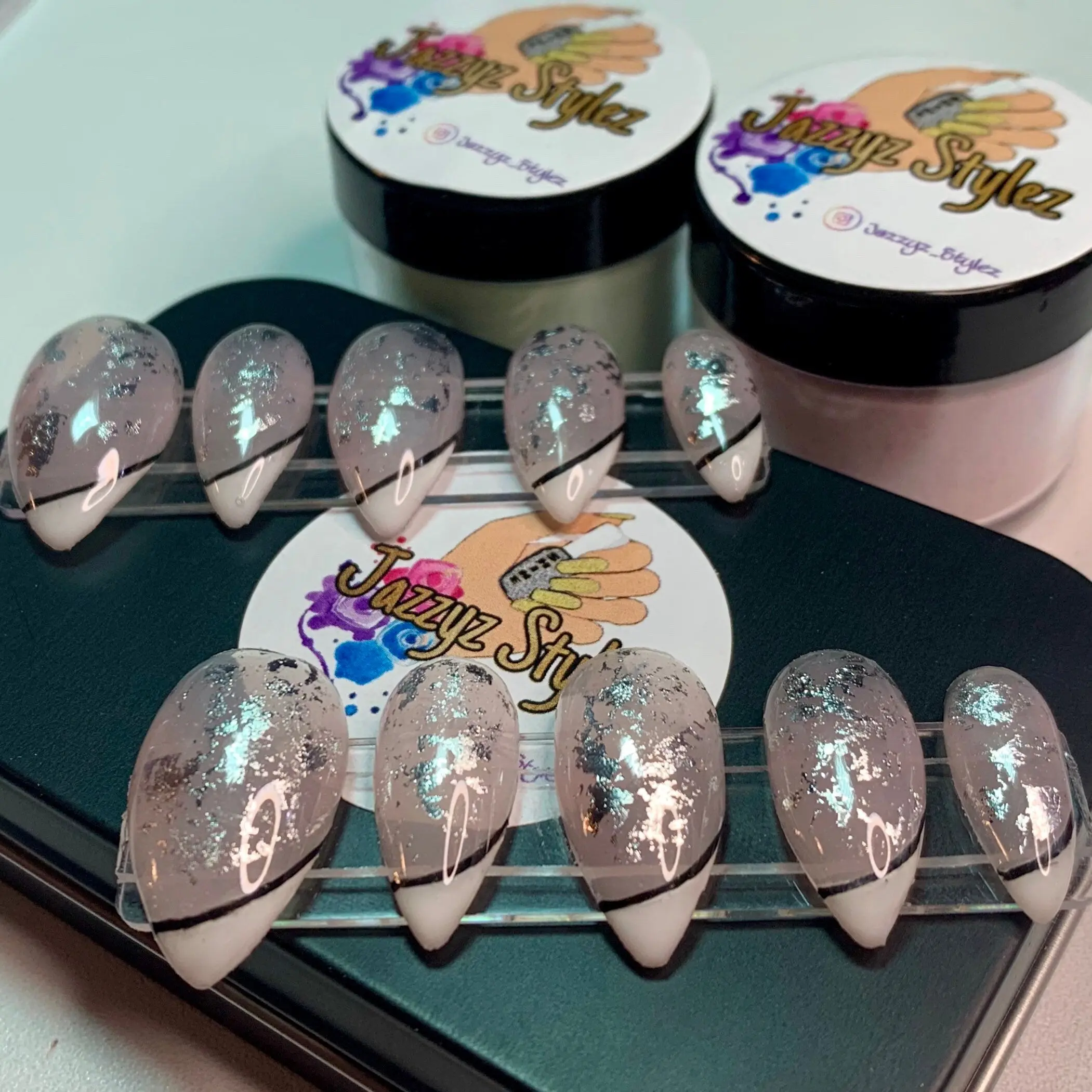 Jazzyl Stylez XL 0 4 3 4 7 Short Stiletto Side French Press On Nails in Gift Tin with Prep Kit for Adhesion Elegant Set