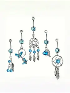 [5pcs Set Piercing Kit] 5pcs Set Stainless Steel Belly Button Ring Piercing Kit - Bohemian & Elegant Navel Piercings with Piercing Jewelry, Uncoated Body Piercing for &, Year-Round Wear for Daily Use or Gifting, Body Chain (No Plating)