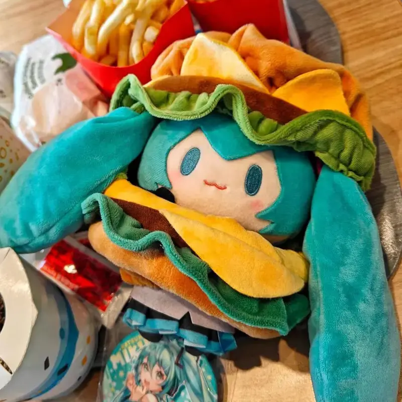 Hatsune Miku Unisex Kawaii Q-Version Plush Figure Doll - Pure Handmade, Hamburger-Themed Outfit, Anime Peripheral Bag Pendant Soft Decoration Toy Gift