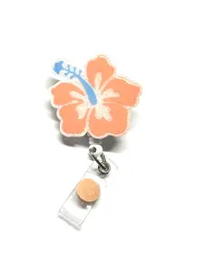 Peach Hibiscus Badge Reel, 2”, Retractable Swivel Alligator Clip, Nurse, Dental, Office