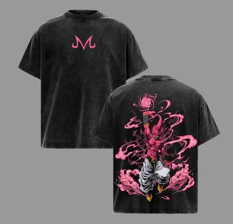 Majin Buu Vintage Washed Anime T-Shirt |  Buu Pink Energy Graphic Tee | Oversized Streetwear Retro Shirt | Heavy Cotton Gift for DBZ & Anime Fans