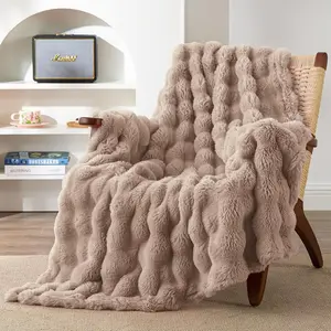 Faux Fur Throw Blanket for Couch, Soft Luxury Bubble Sided Plush Blanket, Cozy Thick Decorative Blanket for Bed Chair Sofa Living Room,50"X60"(Brown)