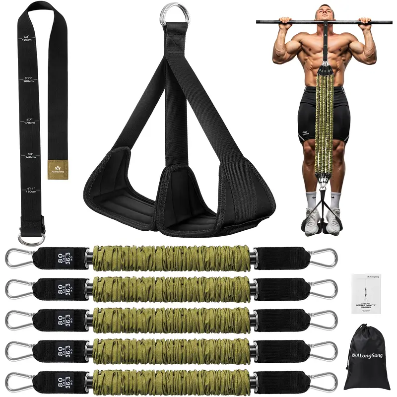 ALongSong Pro Pull-Up Assist Latex Bands - 320lbs/360lbs/400lbs Heavy-Duty Adjustable Resistance Straps with Extra-Wide Footplate, Carry Bag, Fits Most Bars for Home Workout Equipment, Gym, Outdoor Training