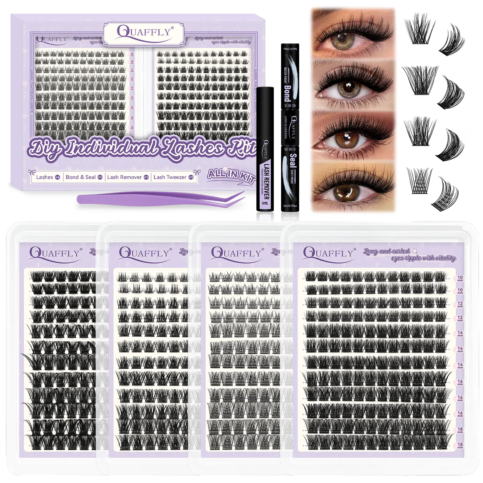 DIY Lash Extension Kit Cluster Lashes Kit with 576Pcs Lash Clusters Lash Bond and Seal Remover Eyelash Applicator Beginner DIY Lashes Kit Individual Lash Kit Easy to Use(4 styles-10-18mm), DIY Eyelash Extensions, DIY False Eyelashes, DIY Personal Lashes