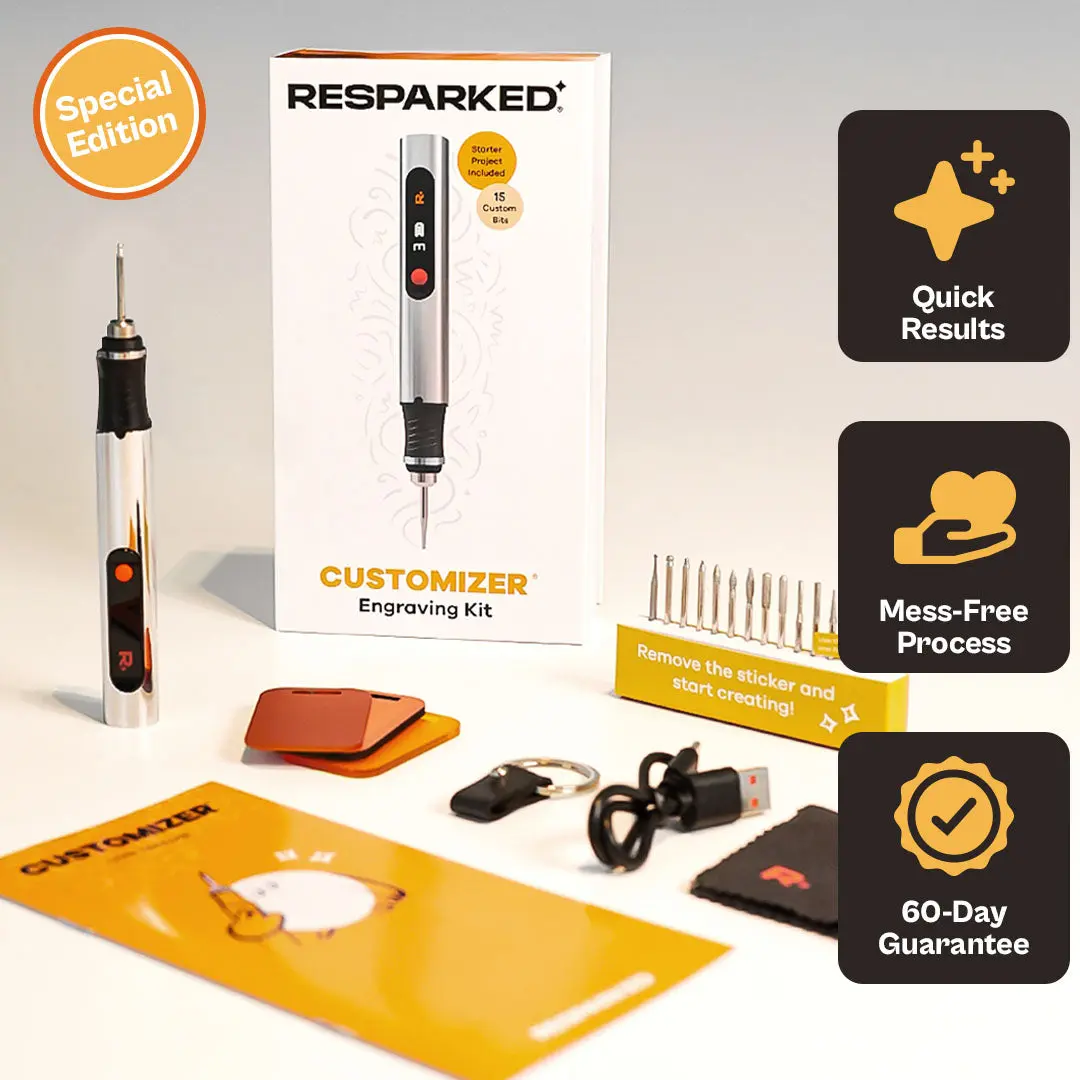 Resparked Customizer Engraving Kit Special Edition - 12 Diamond Bits 2 Stone Bits 1 Wood Carving Bit with 3 Themed Stencils Adhesive Magnets Keychain Ring Silicone Sheets Marking Tools Cleaning Rag for 50+ Materials