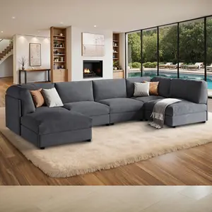 AMERLIFE 148" Wide U-Shaped Modular Sectional Sofa with Ottoman, Oversized Couch for Living Room, Easy Assembly, Scratch-Resistant Linen, Flexible Layout, Gray