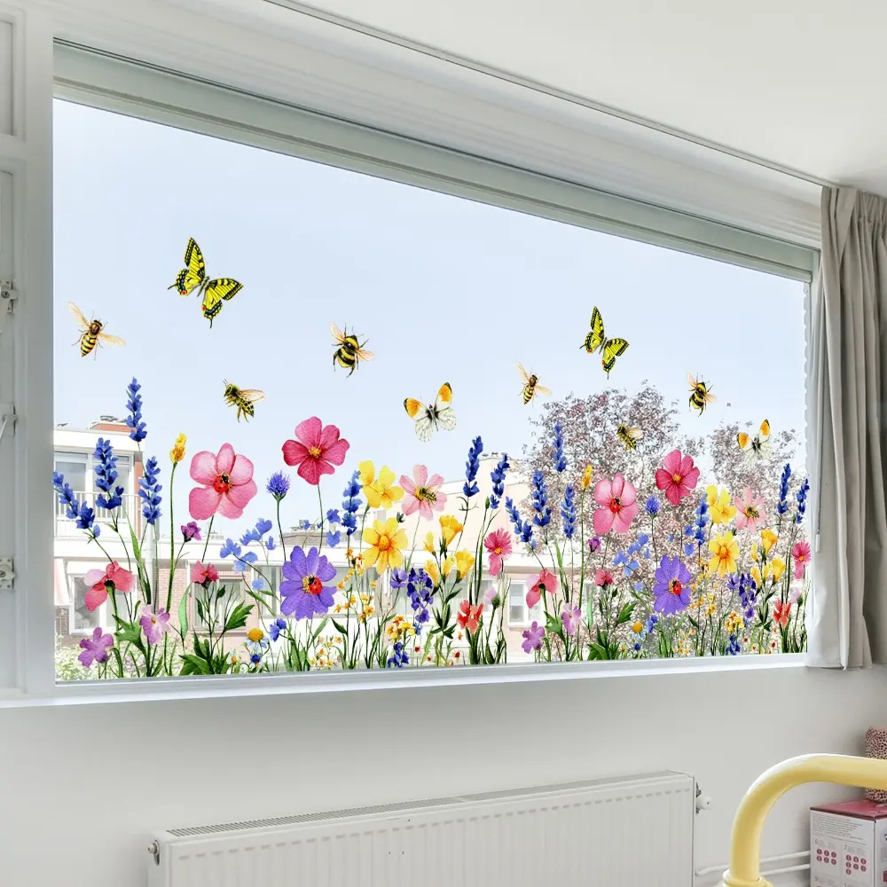 A set (30*60cm*2pcs) of spring flower, bee and butterfly window stickers with a bright and natural atmosphere, electrostatic adsorption for window glass decoration and beautification, DJ4132-ZC*2, Floral Pattern Sticker, Home Decor
