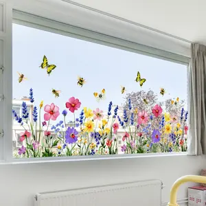 A set (30*60cm*2pcs) of spring flower, bee and butterfly window stickers with a bright and natural atmosphere, electrostatic adsorption for window glass decoration and beautification, DJ4132-ZC*2, Floral Pattern Sticker