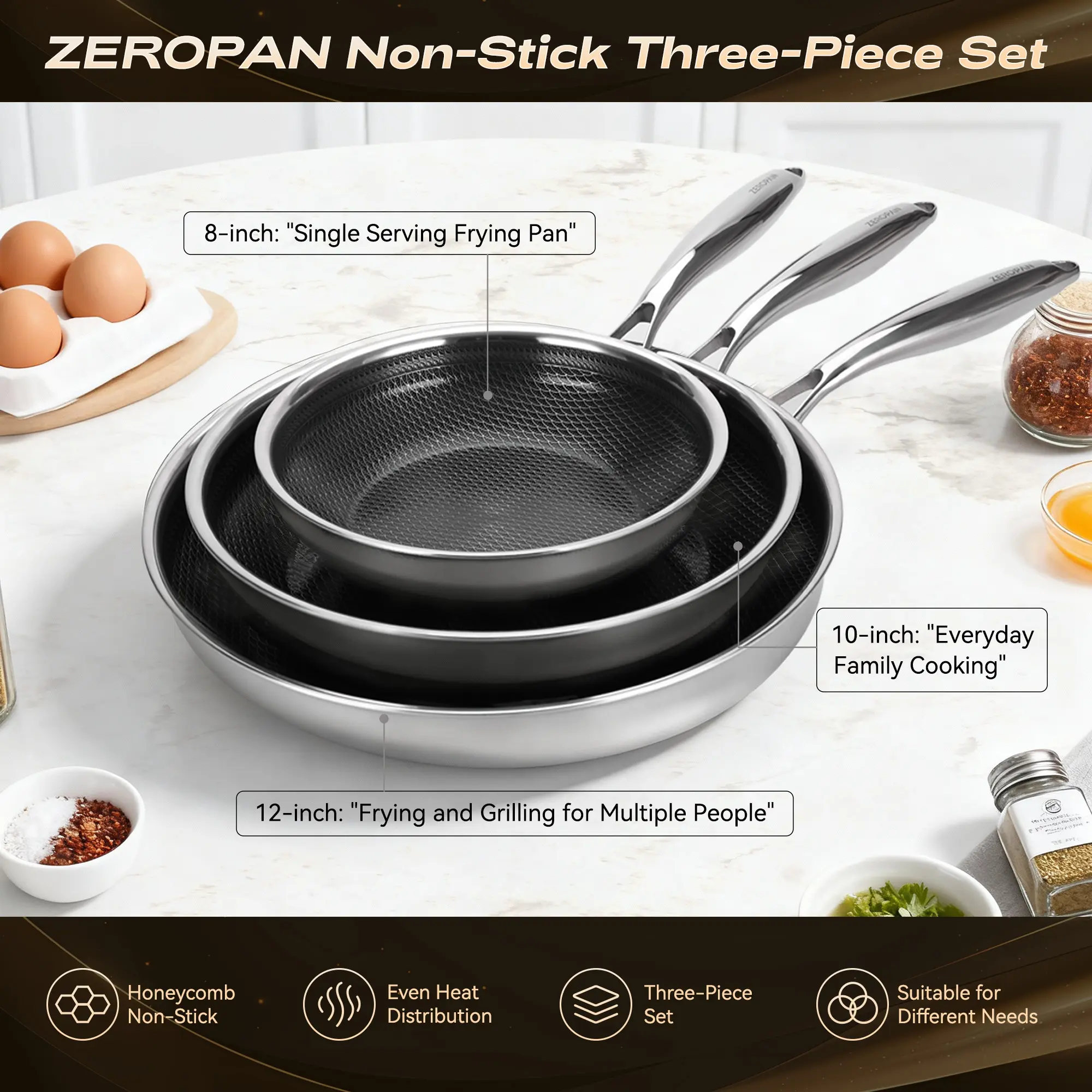 ZEROPAN 3-Piece Stainless Steel Cookware Set (8/10/12 Inch)] PFAS/PFOA/PTFE-Free Non-Stick | Frying Pan + Multi-Use Pots | Dishwasher/Oven Safe (500°F) | All Cooktops Compatible |  Family-Friendly | TikTok Shop Holiday Must-Have for Home & Party