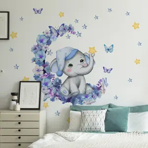 A set (30*90cm*2pcs) of little elephant and butterfly 2D flat wall stickers for home decoration, self-adhesive wall sticker, M12085