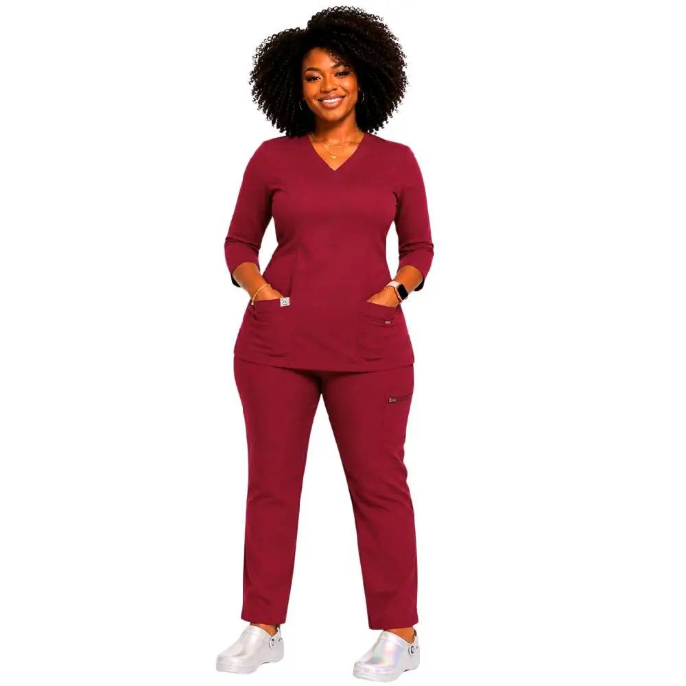Heart Align Scrubs Classic Scrub Set – Navy/Burgundy Boot Cut Straight Leg Pants & V-Neck Top with 9 Pockets for Healthcare Professionals - Womenswear, Fabric