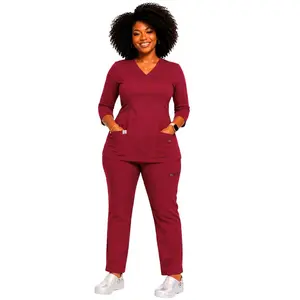 Heart Align Scrubs Classic Scrub Set – Navy/Burgundy Boot Cut Straight Leg Pants & V-Neck Top with 9 Pockets for Healthcare Professionals - Womenswear, Fabric
