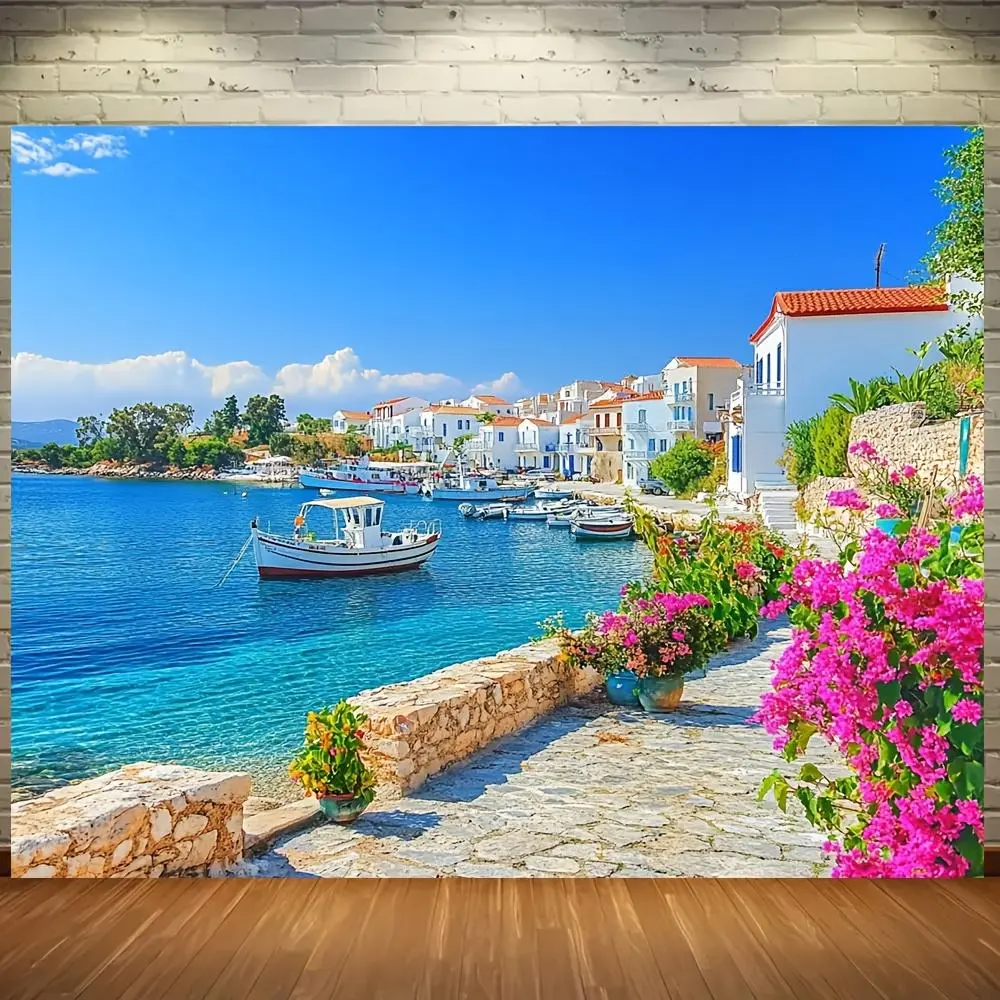 1pc Coastal Style Polyester Tropical Beach Backdrop, Seaside Harbor Scenery Wall Decor, No Electricity Needed, Featherless, Versatile Party Decoration Supplies, Banners, One-Piece