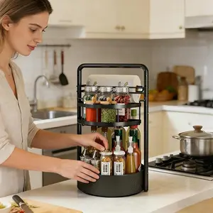 Rotating Spice Rack with Paper Towel Holder,360 Degree 2 Tier Height Adjustable Rotating Spice Rack and it Spins or Paper Towel Holder (BLACK)
