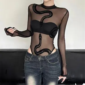 GothicSnakePrintMeshBodysuitWomenDarkPunkLongSleeveTransparentTops2025Y2KSexyFlockedSeeThroughOnePieceTee