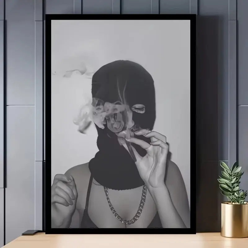 Gangster Girl Black & White Masked Woman Smoking Wall Art Poster