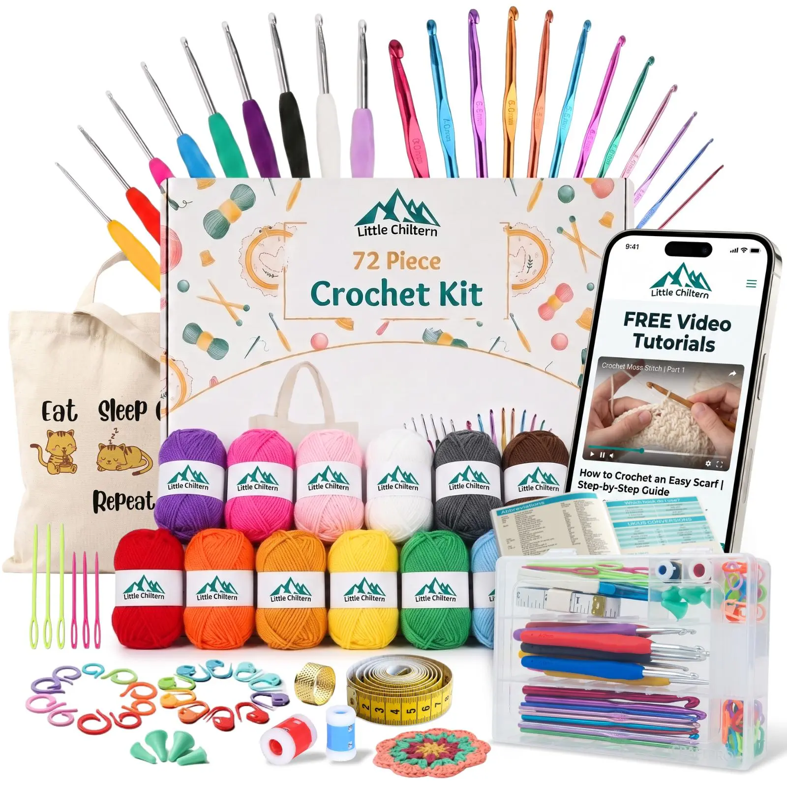 72 Pcs Crochet Starter Kit for Beginners - Craft Supplies for Adults with 21 Ergo Rubber Grip Hooks, 15 Acrylic Yarn Colors, Stitch Markers, Portable Organizer Case - Handmade Gifts for Crafting