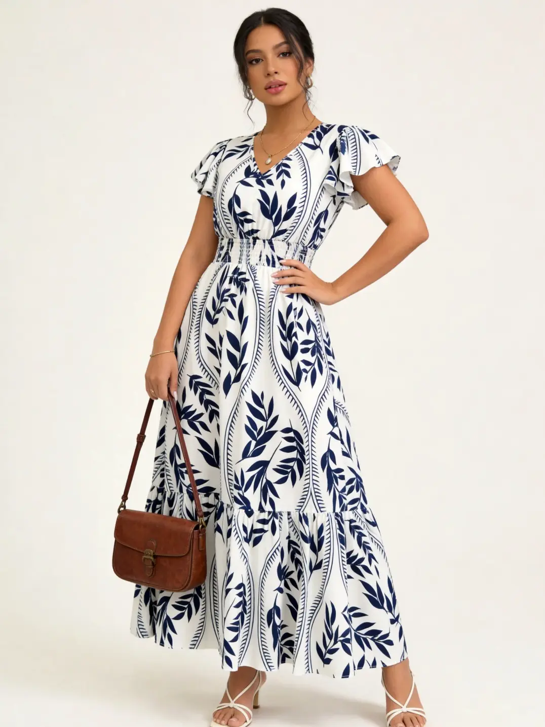 Women's V-Neck Ruffle Sleeve Printed Maxi Dress with Side Slit - Casual & Holiday Wear