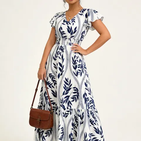 Women's V-Neck Ruffle Sleeve Printed Maxi Dress with Side Slit - Casual & Holiday Wear