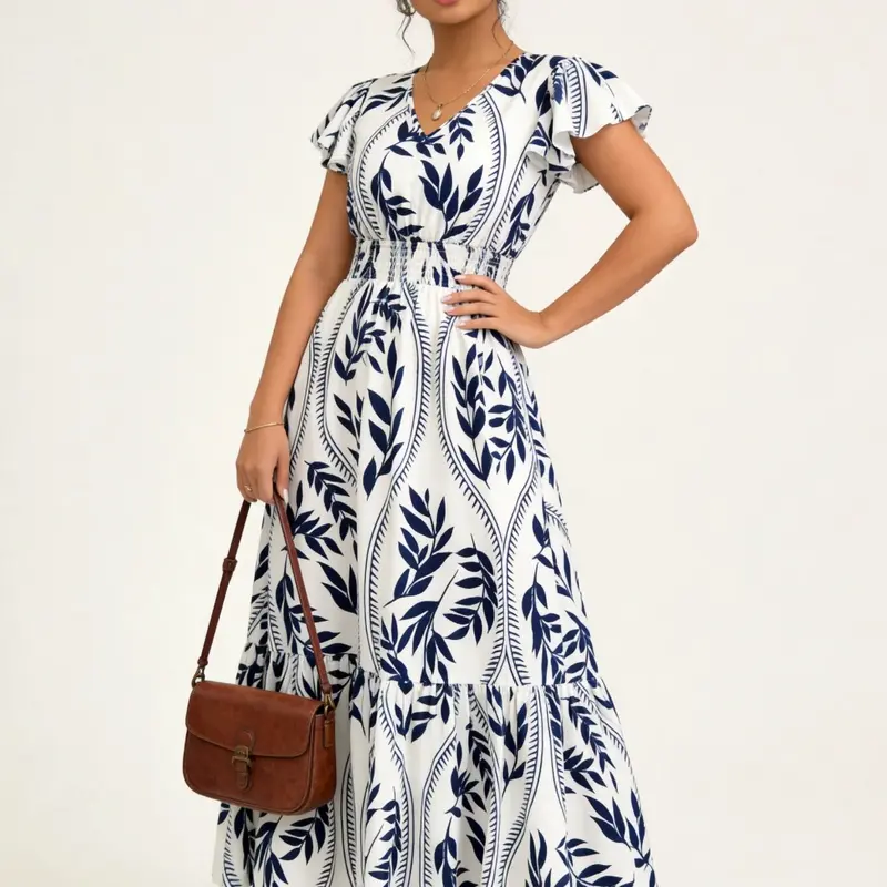 Women's V-Neck Ruffle Sleeve Printed Maxi Dress with Side Slit - Casual & Holiday Wear