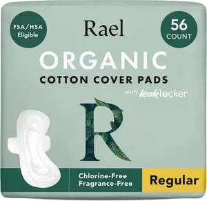 Rael Pads for Women, Organic Cotton Cover - Moderate Absorbency, Feminine Care, Ultra Thin, Sanitary Napkins with Wings, Unscented (Regular, 56 Total)