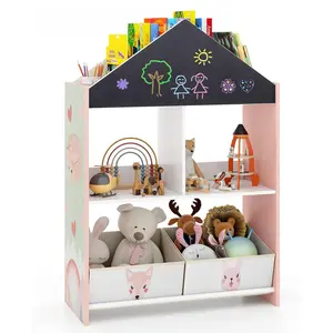 Costzon Wooden Dollhouse Bookcase with Blackboard, Whiteboard, Toddler Book Shelf with Cubby & 2 Fabric Bins, Toy Storage Organizer for Kids Room, Playroom, Nursery