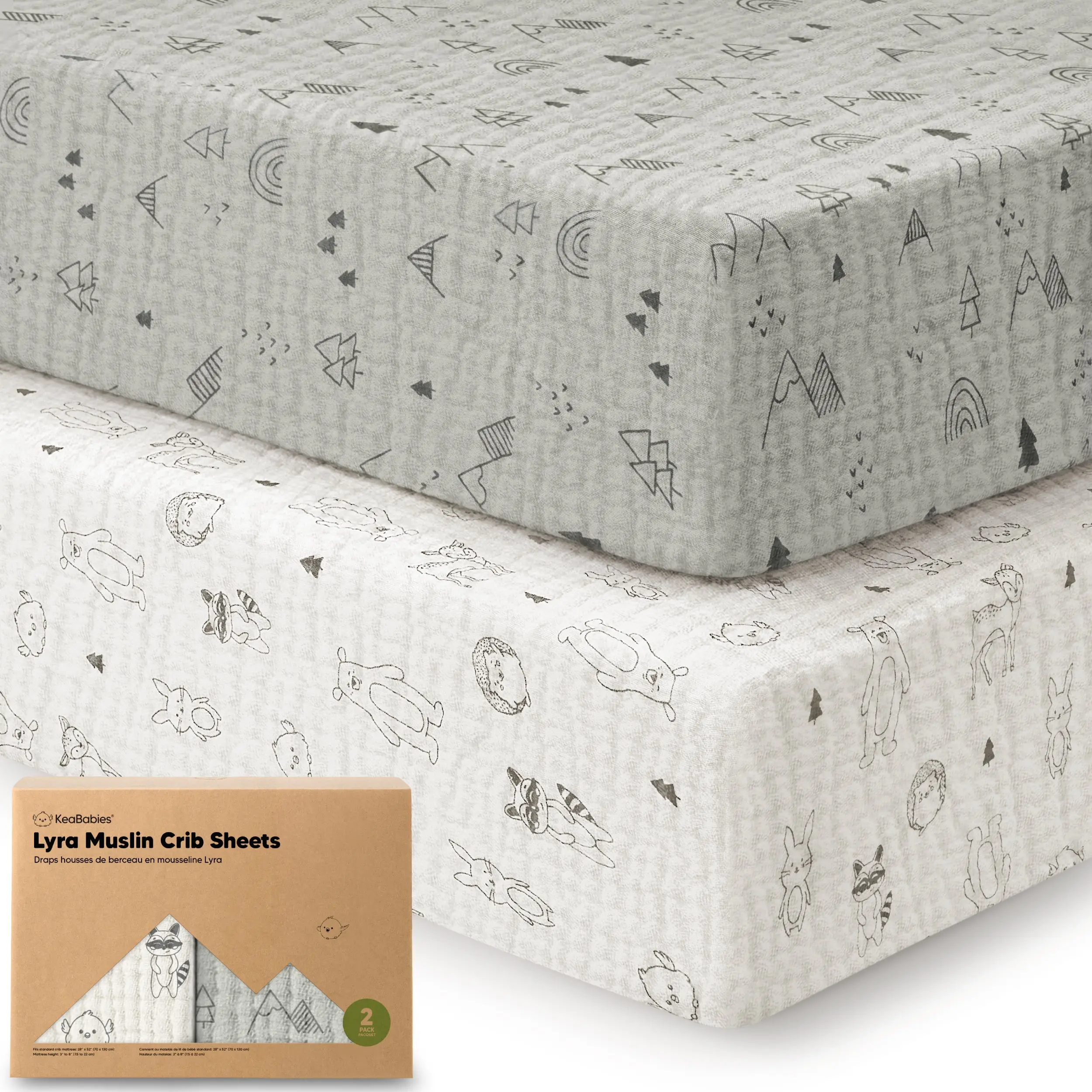 KeaBabies 2-Pack Muslin Crib Sheets for Boys, Girls - 100% Organic Cotton Fitted Baby Crib Mattress Sheet, Soft Breathable Standard Toddler Bed Cover Bedding Set, Neutral, Durable 52x28