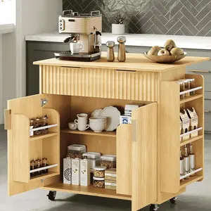 summervibes Kitchen Island Cart with Storage, Rolling Kitchen Cart on Wheels with Foldable Drop Leaf, 15.35 x 31.15 x 34.45 Inches, Rubber Wood Top, Drawer and Door Cabinet, Oak