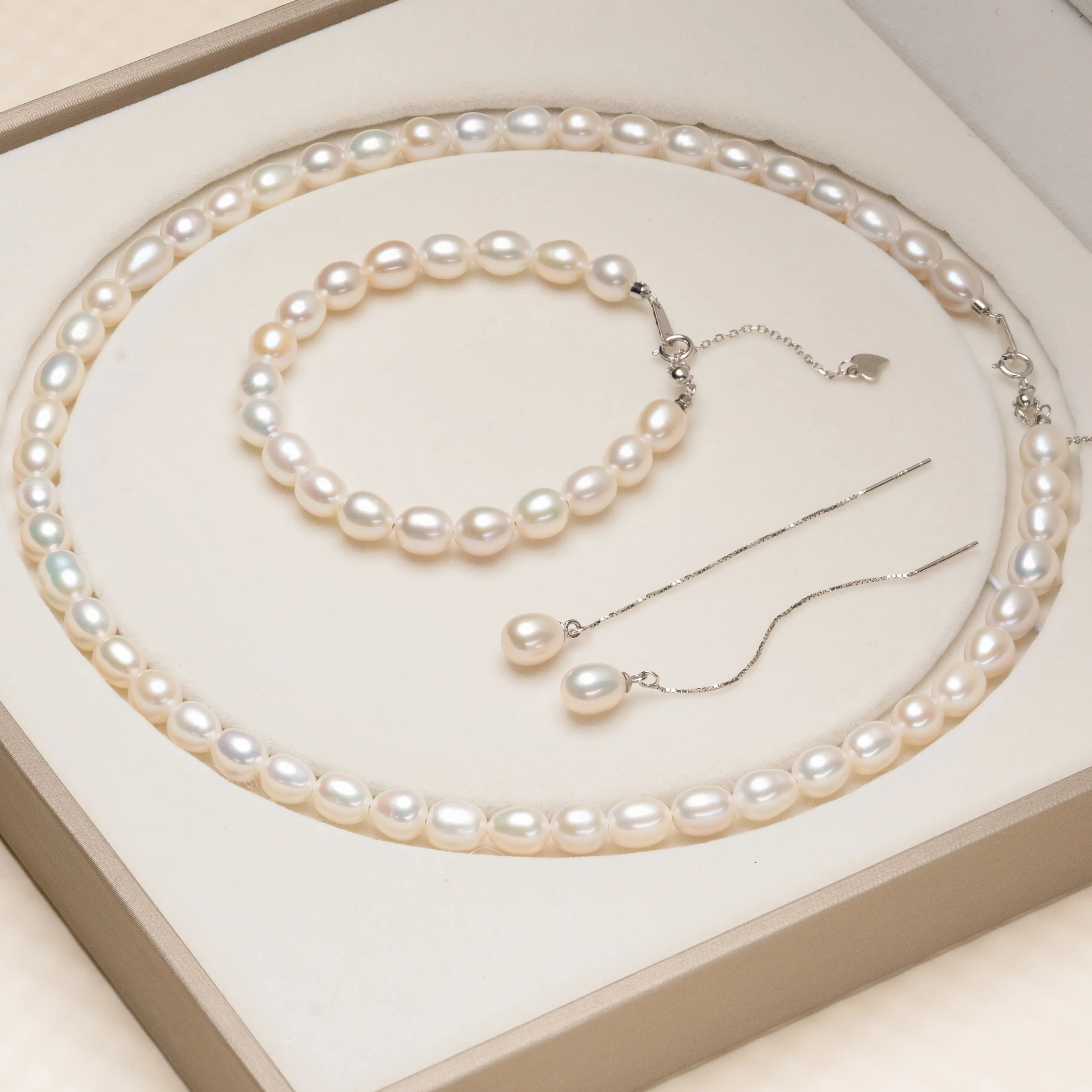 Natural Freshwater Teardrop Pearls 6-8mm Jewelry Set, Pearl threader earrings crafted with S925 sterling silver