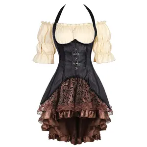 MILALEE 3PC Corsets for Women Renaissance Corset Dress Sets Steampunk Pirate Skirt Halloween Costumes Suits Halloween Gothic Party Outfit 6505/1725/7056