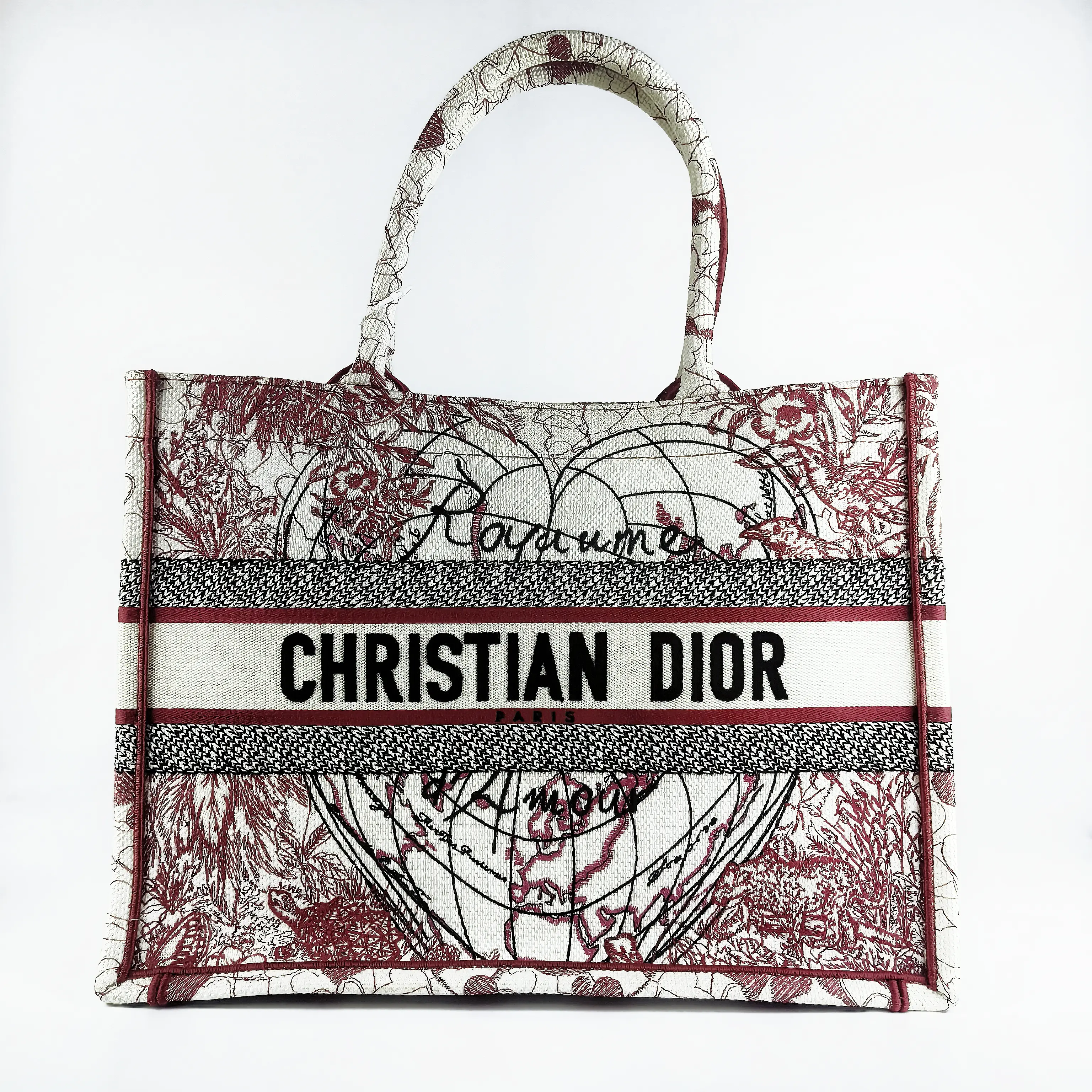 Pre-owned Dior Christian Book Tote Burgundy Toile de Jouy Globe Embroidery Canvas Tote Bag【920】