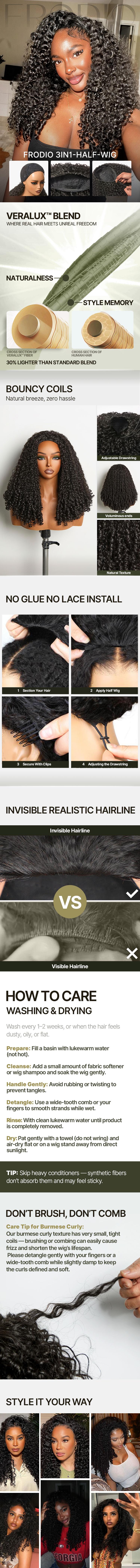 [Blend] Frodio Veralux™ Blend Human Hair 18 Burmese Curly 3-in-1 Half Wig Spiral Ends Natural Volume Ready To Wear Curly Wig " 3C-4A Texture Half Wig