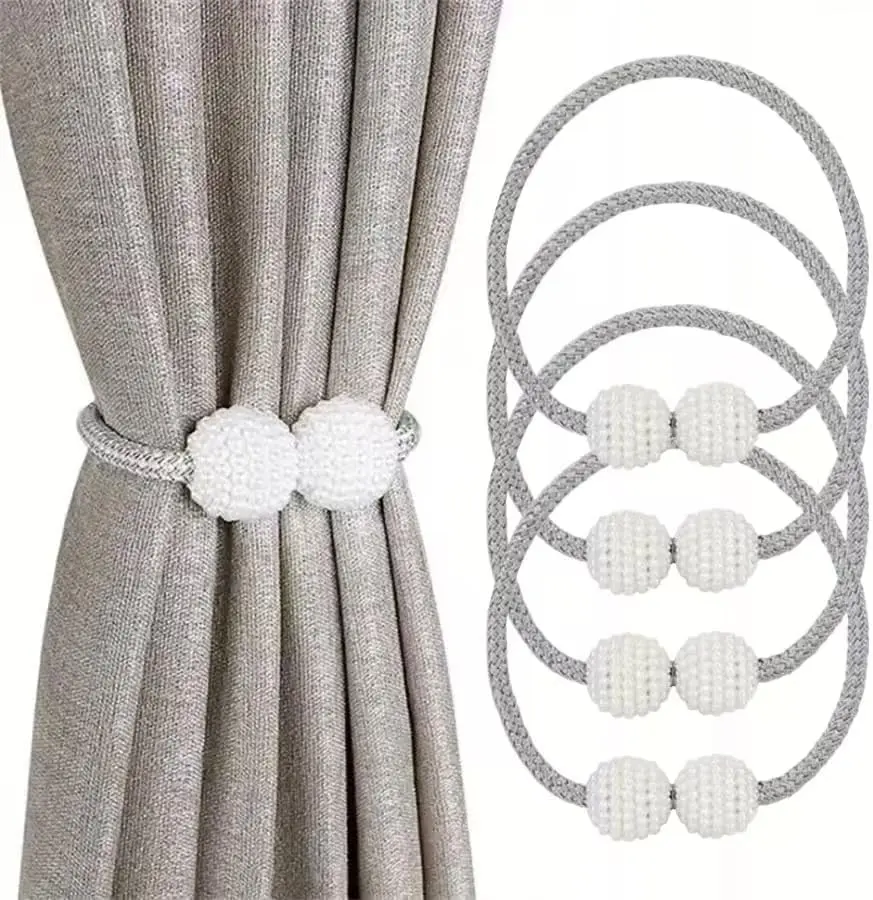 4-Pack Solid Pearl Magnetic Curtain Tie Backs, Nickel-Plated Rust-Proof Magnet Clips, 19-In Adjustable Nylon Wire, Adjustable Twistable Wire Adapts to Your Setup, Easy to Use, Fits Thick & Thin Curtains, Ideal for Dining Room, Kitchen, Modern Home Decor