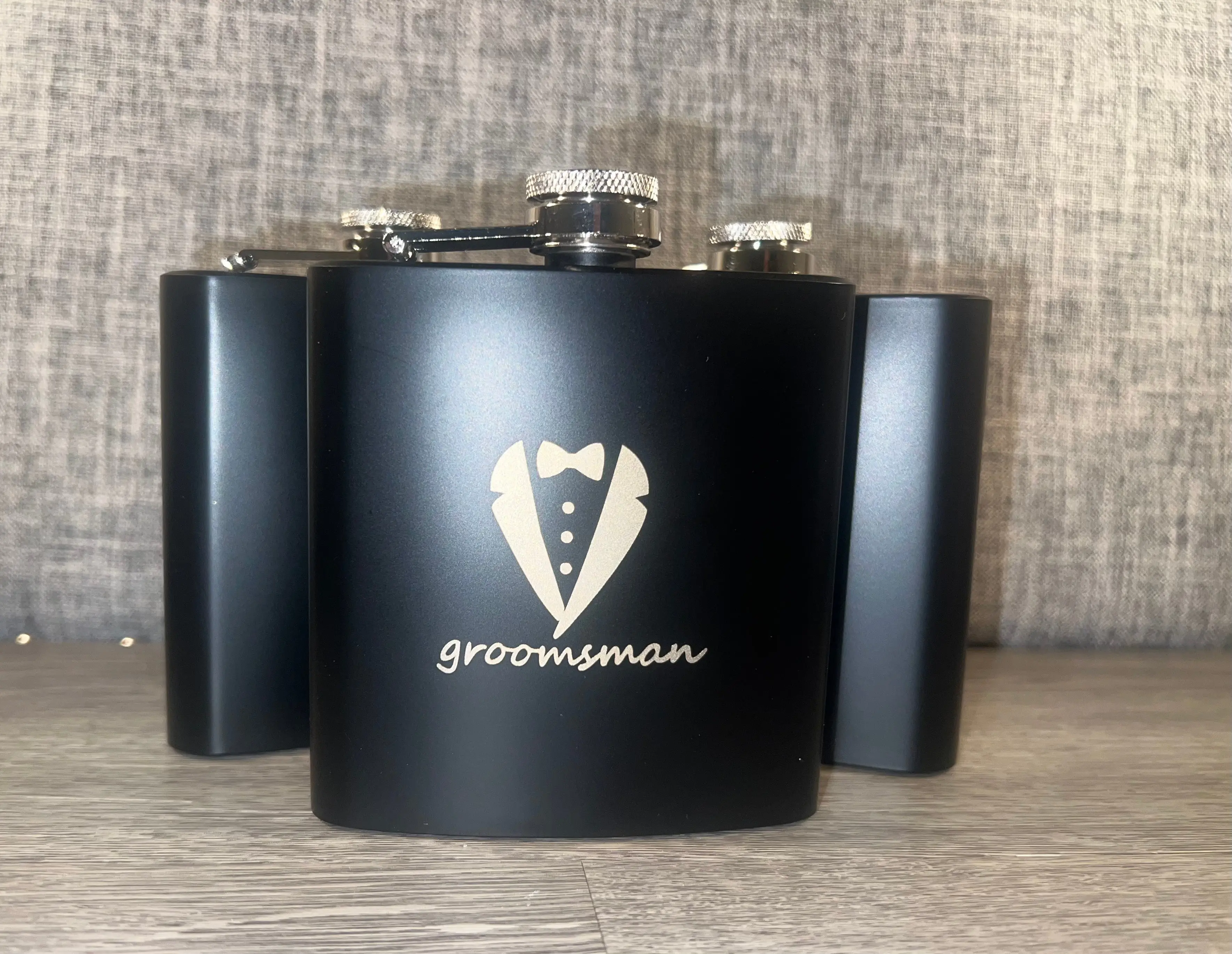 Groomsman Flask - Black Drinkware with Logo, Ideal for Groomsmen, Versatile Storage for Special Occasions