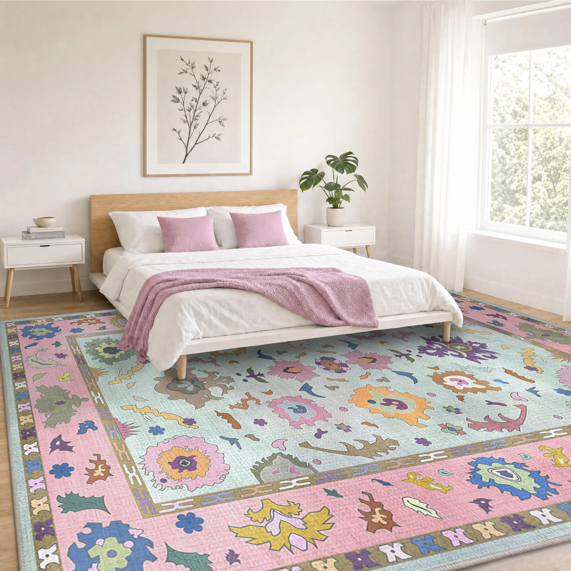 REZUTAN Large Boho Washable Rug - Non-Slip Rubber Backing, Low Pile for High-Traffic Living Room, Soft Boho Rug Decor for Summer & Moving Season, Soft Rug Decor