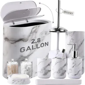 Bathroom Accessories Set, 9-Piece Marble White Bathroom Set, White Bathroom Accessories with Slim Trash Can, Soap Dispenser, Toilet Brush, Toothbrush Set, Qtip Holders